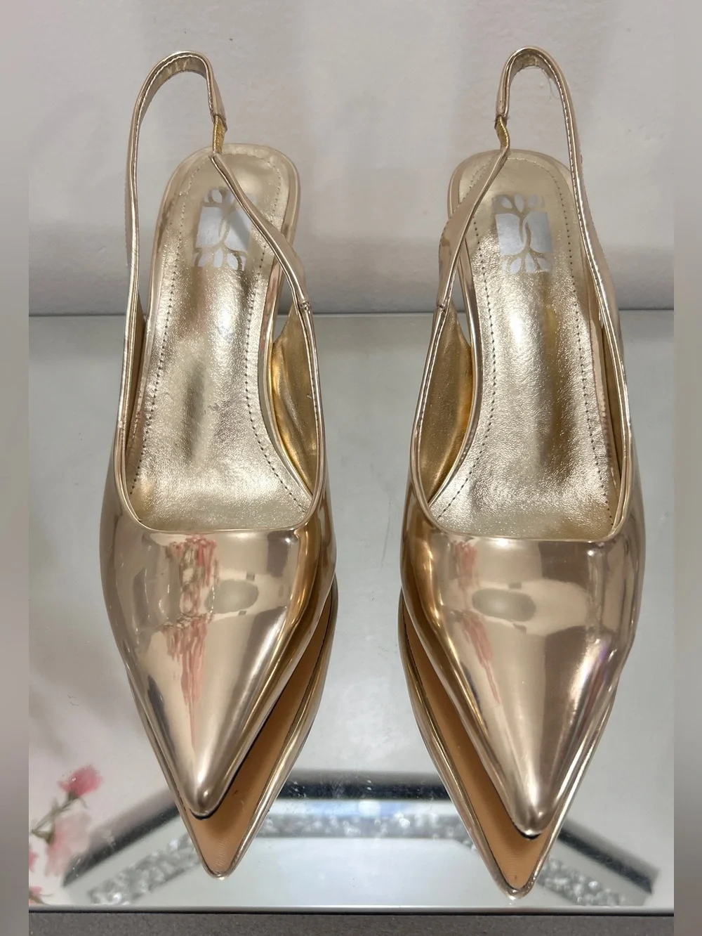 Gold Mirror Metallic Slingback Heels Pointed Toe Stiletto Pumps NEW